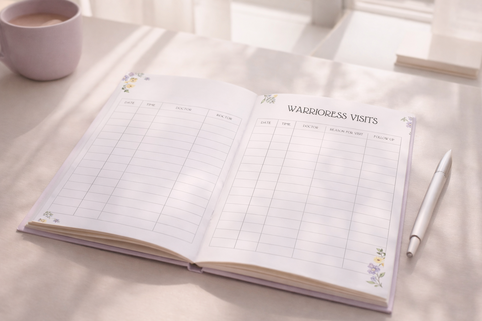 Open symptom tracker journal on desk with pen and coffee, designed to track doctor visits and health details for chronic illness management.