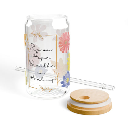 Sip on Hope, Breathe in Healing – 16oz Glass Sipper with Bamboo Lid & Straw