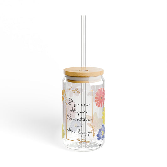 Sip on Hope, Breathe in Healing – 16oz Glass Sipper with Bamboo Lid & Straw